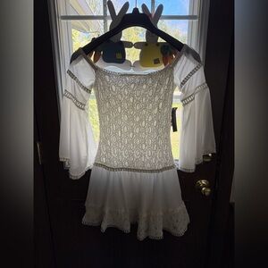 New Venus White Sheer Off The Shoulders Mini Dress 4 NWT